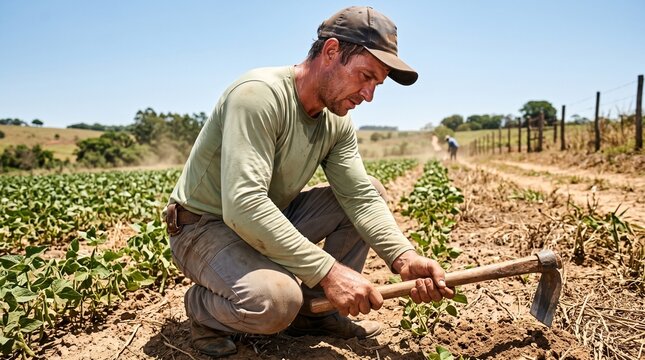 Rural Farm Worker with Sweaty Face and Dry Technical Shirt Under Midday Sun, Authentic Documentary Photography