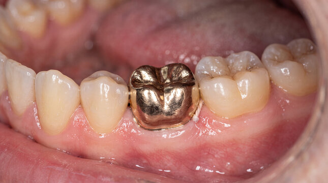 Metal dental crown molar tooth oral cavity dental restoration gold crown healthy tooth gum tissue close up dentistry mouth