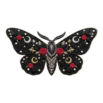 Mystical dark academia moth with celestial gold stars and floral lace. Occult gothic embroidery design element.