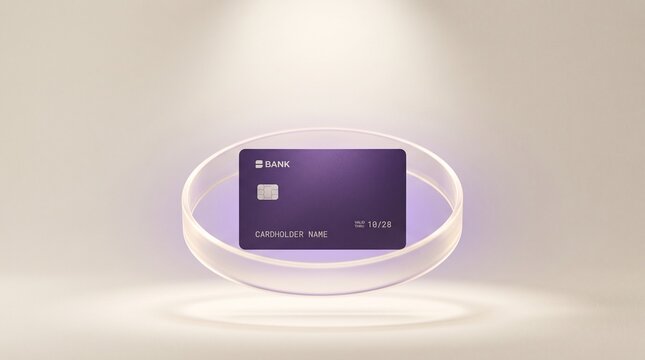 Purple Credit Card Floating with Translucent Light Shield, Premium Protection Concept 3D Render Product Photography