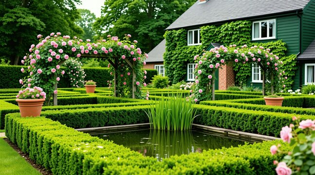 Classic green farmhouse with climbing ivy stands behind formal English garden. Pink rose arbors bloom over symmetrical boxwood hedges, small stone pond. Residential backyard features manicured