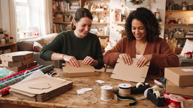 Woman folding cardboard box two woman packing gift box in cozy home workshop, smiling while preparing handmade package for small business and holiday present