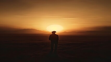 Fototapeta premium Silhouette of person walking into sunset horizon.