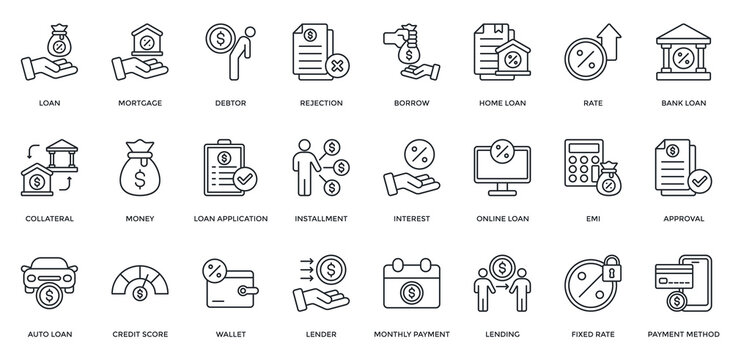 Loan Icon Set. Containing Mortgage, Debtor, Borrow, Collateral, Money, Loan Application, Installment, Interest, Auto Loan Icon. Simple Black Outline Vector 