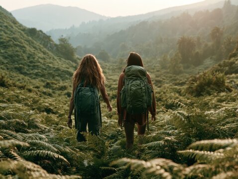 Two friends hike through lush green hills, exploring nature at sunset