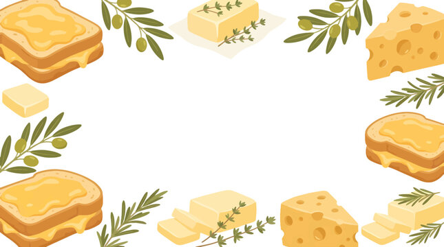 Cheese Toast Menu Border Frame Template with Slices of Toast Cheese Block and Herbs Vector