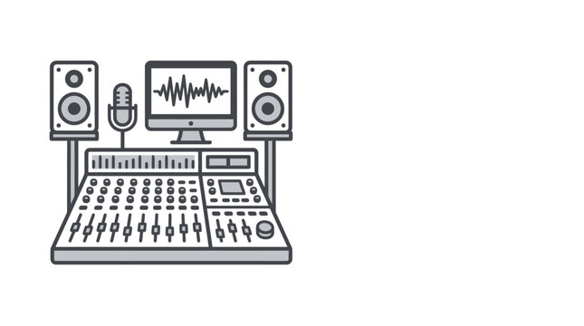 Audio production equipment mixers speakers microphone computer setup