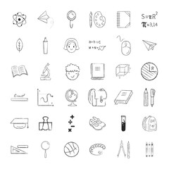 Fototapeta premium Hand drawn pencil doodle school and education icons set featuring science, math, and art supply