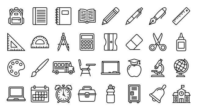 School Supplies Stationery and Back to School Line Icon Set