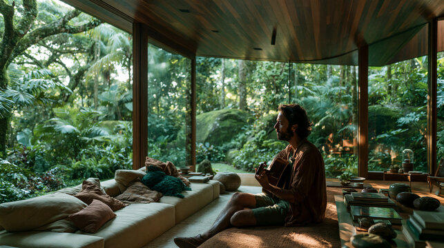 Man Meditating in Modern Glass Jungle Retreat