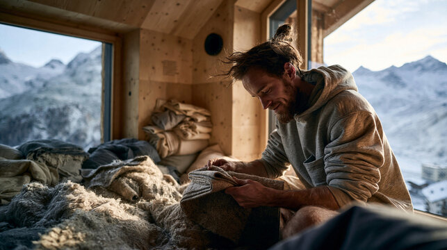 Man Processing Raw Wool in Mountain Cabin