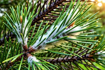 Obraz premium Macro closeup of green pine needles covered in white woolly insect eggs. Parasite infestation on coniferous branch showing damage. Tiny droplets of morning dew sit on tree foliage. Sucking pest