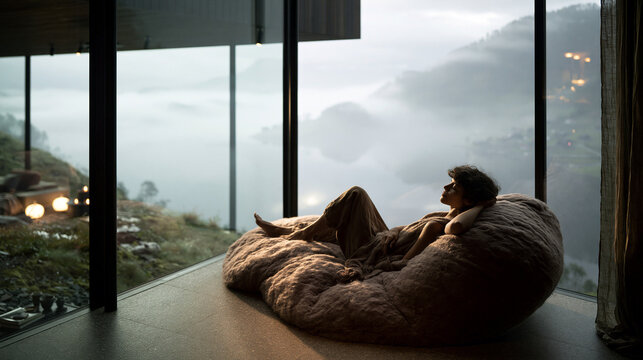 Woman Relaxing in Bean Bag Chair Overlooking Misty Mountain Valley