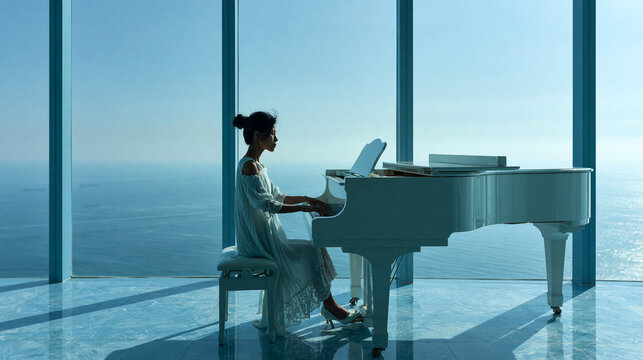 Woman Playing Grand Piano with Laptop in Luxury High-Rise Office