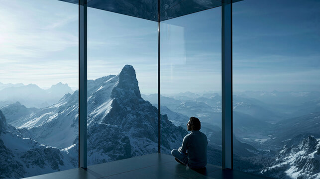 Person Contemplating Snowy Mountain Vista from Modern Glass Pavilion
