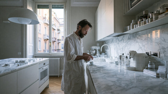 Man in Minimalist Kitchen with Marble Countertops