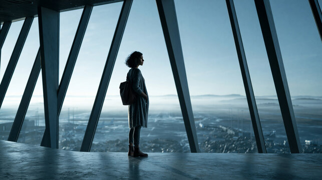 Woman Standing Alone at High-Rise Window Overlooking City