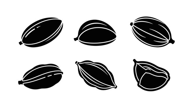 Cacao pod and cocoa bean icons for chocolate branding.