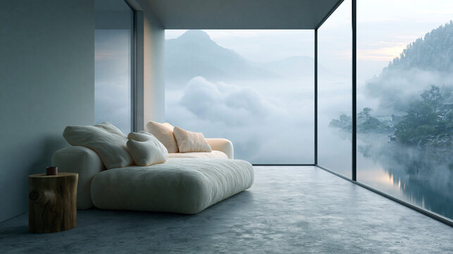 Minimalist Living Room with Cloud Mountain Views