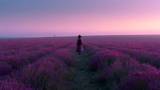 Woman Standing Alone in Lavender Field at Dusk