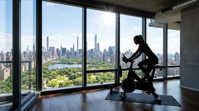 Woman on Stationary Bike with Cityscape View