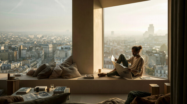 Man Reading Newspaper by Window with City View