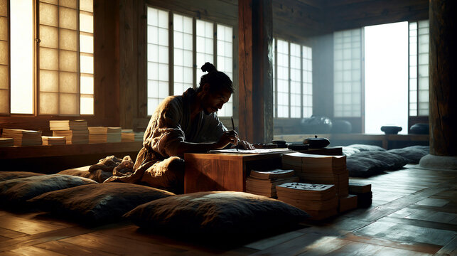 Scholar Writing at Desk in Sunlit Traditional Study