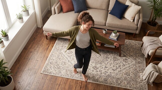 Young woman happily dancing barefoot on a patterned rug in a modern living room with plants