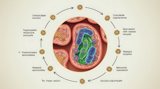 Cyclosporiasis caused by Cyclospora cayetanensis as a microscopic parasitic organism showing the parasite life cycle including sporozoite development intestinal infection and transmission through cont