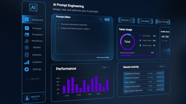AI prompt engineering dashboard interface with token usage and analytics