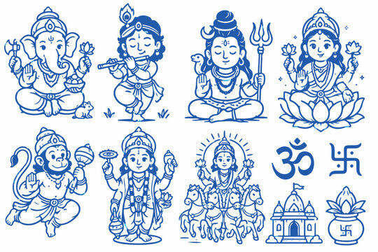 Hindu Gods and Goddesses Vector Illustration Set, Blue Line Art Icons of Ganesha Shiva and Lakshmi, Religious Indian Deities Collection