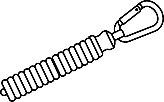 Black and white line drawing of a carabiner attached to a coiled metal spring extension