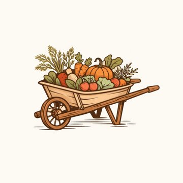 Illustration of a wheelbarrow filled with fresh vegetables.