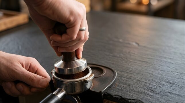 Barista tamping ground coffee in a portafilter to prepare espresso shot