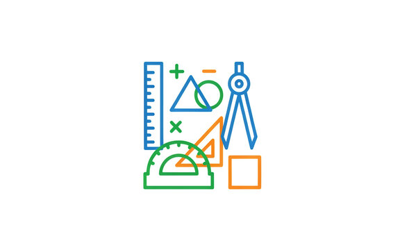 Colorful geometric shapes and drafting tools including compass protractor ruler and compass icons on transparent background