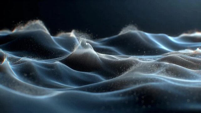 Abstract flowing wave forms with drifting particles in smooth digital style on dark background, concept of motion and energy