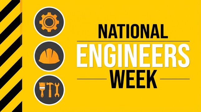 National Engineers Week Vector Banner | E-Week Illustration with Gear, Hard Hat, and Tools Icons on Yellow Industry Background.