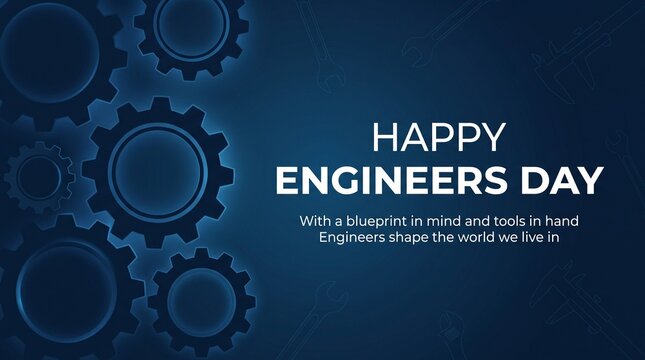 Happy Engineers Day Vector Banner with Gears, Tools, Blueprint, and Inspiring Quote. Dark Blue Industrial Engineering background for international or specific national Engineers Day celebrations (e.g.