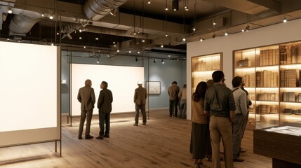 Fototapeta premium People Observe Blank Exhibits Inside a Modern Illuminated Museum Gallery