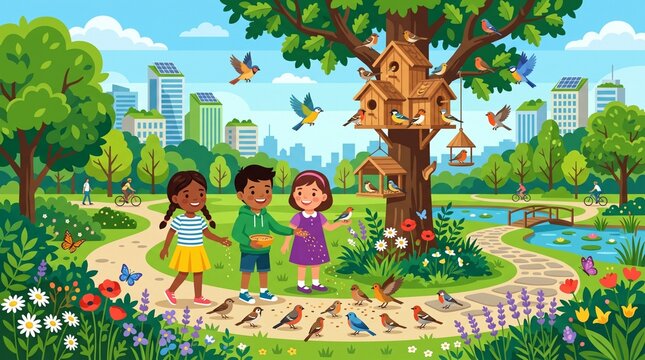 Happy Children Feeding Birds and Scattering Seeds in a Green Park Vector Illustration