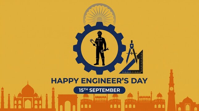 Happy Engineer's Day 15th September Banner Design Vector Illustration with Gear, Engineer Silhouette, Technical Drawing Tools, Ashoka Chakra, and Indian Heritage Landmarks Silhouette Background