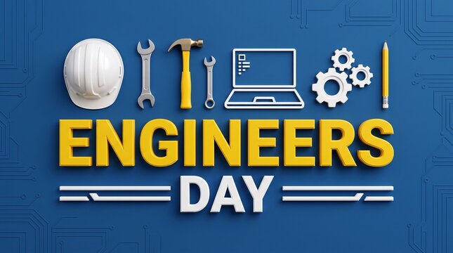 Engineers Day Greeting Card Concept Design with Construction Hardhat Wrenches Hammer and Tech Elements Vector