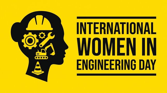 INTERNATIONAL WOMEN IN ENGINEERING DAY | Vector Graphic Illustration | Female Engineer Profile Silhouette with Construction and Engineering Icons (Hard Hat, Gears, Wrench, Excavator, Cone) on Yellow B