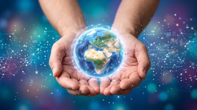 "A pair of hands gently cradles a glowing Earth model with luminous global network lines, representing global connectivity, digital communication, future technology, and environmental protection in a 