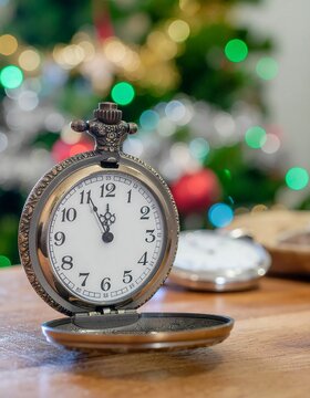 Christmas clock decorated with festive holiday baubles.