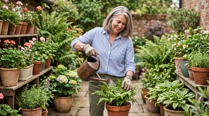 Fototapeta premium Smiling mature woman watering potted fern in a lush garden setting