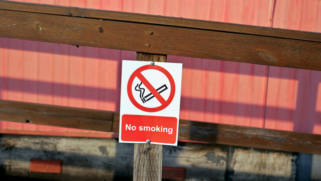 No Smoking, Sign, Warning, Red, Prohibition, Close Up of No Smoking Sign Mounted on Wooden Fence