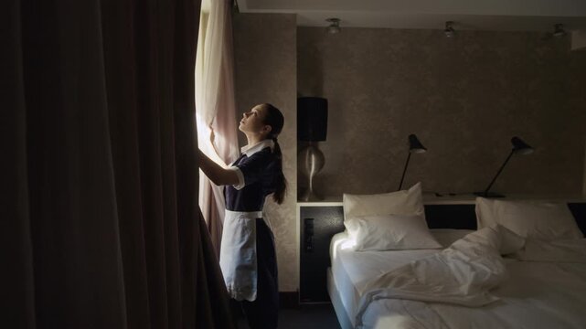 Young adult Caucasian woman in uniform opening curtains and making bed in hotel room. Footage is ideal for hospitality industry marketing and hotel service promotions, wide shot