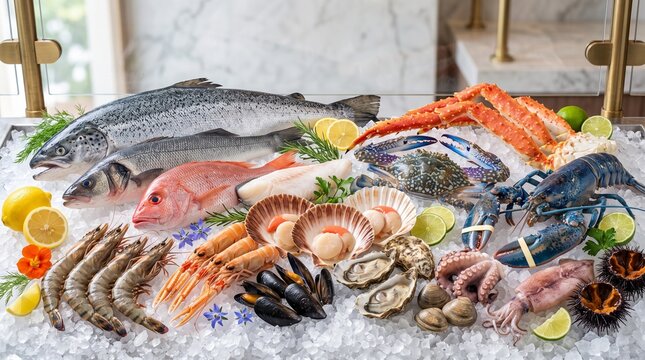 Fresh seafood selection displayed on crushed ice at market counter.