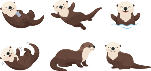 Obraz premium Cute Sea Otter Vector Character Illustration Pack Featuring Various Playful Cartoon Swimming and Floating Poses for Marine Wildlife, Stickers, and Kids Educational Graphics